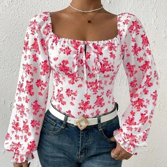 Casual Floral Patchwork Square Neck Ruffled Short Sleeve Bodysuit - Picture 4 of 6